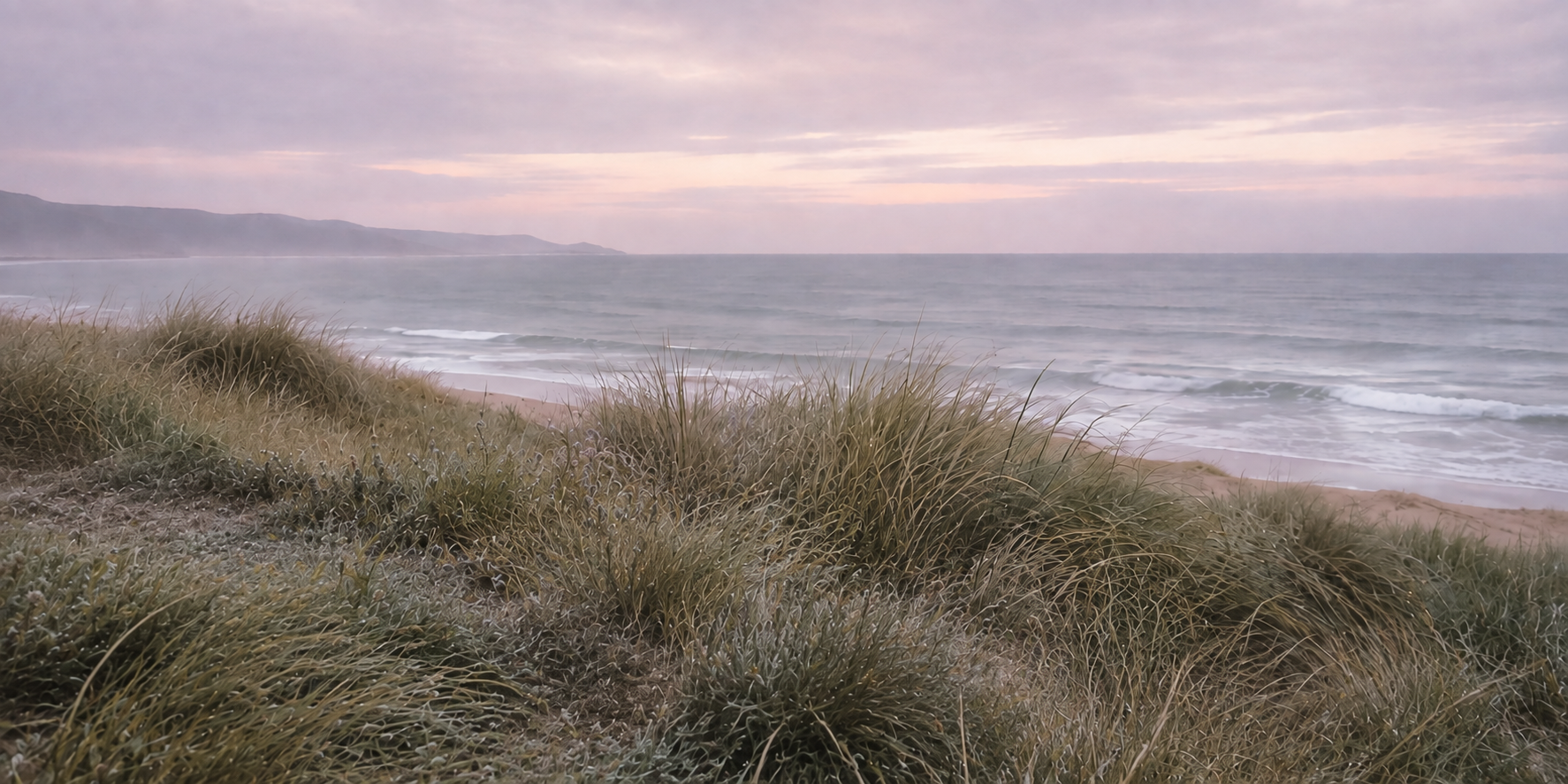 Duinen en zee in zachte roze, grijze en blauwe tinten